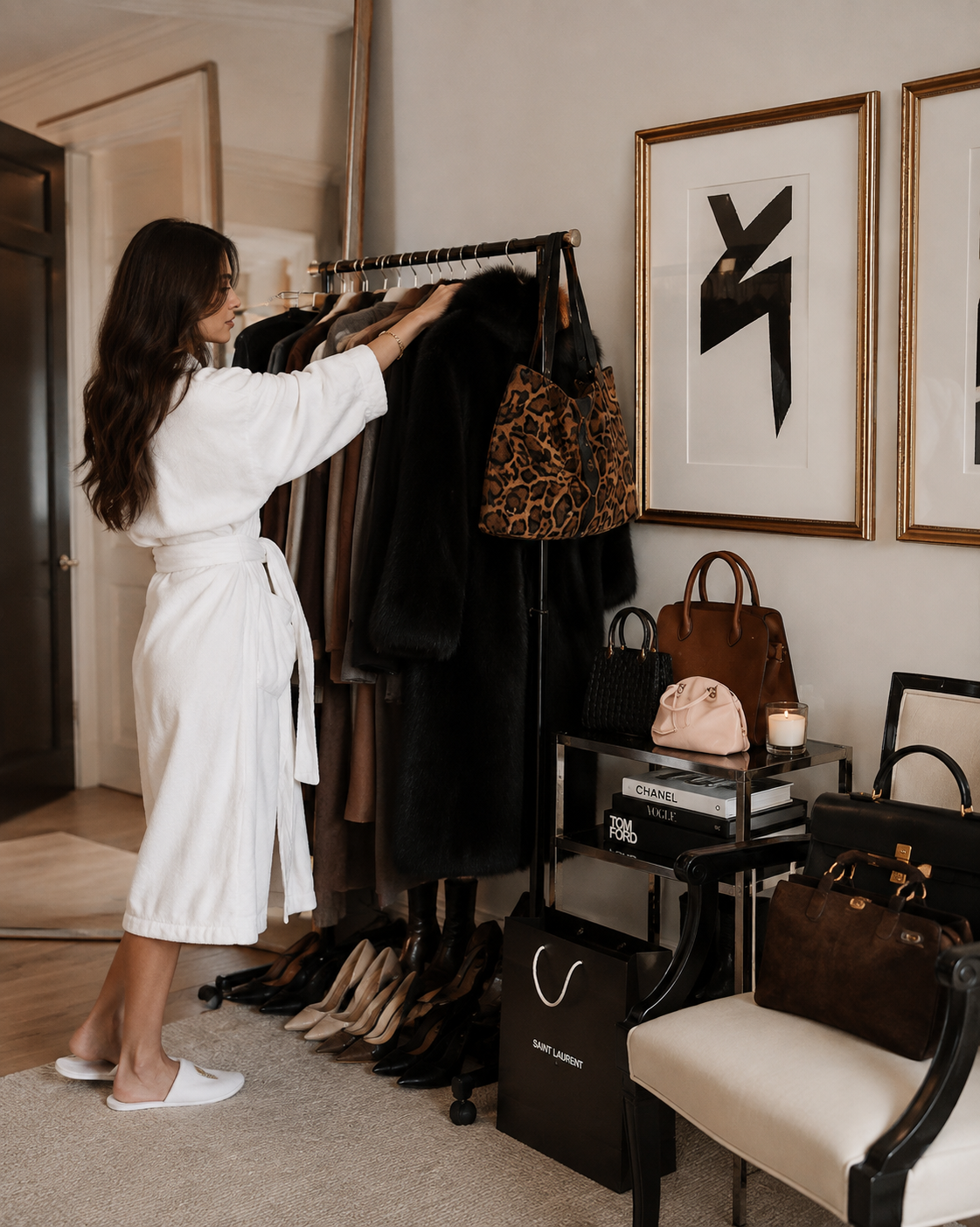 A woman in a white robe shopping for clothes in a luxurious closet, browsing a rack of coats and jackets.
