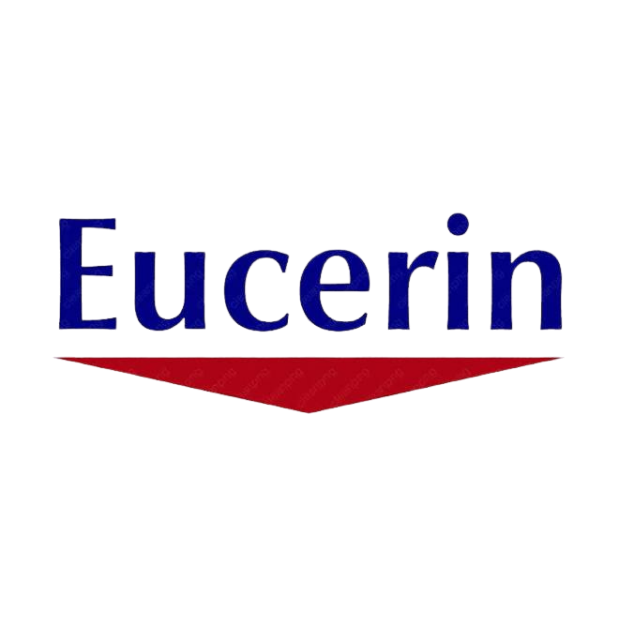 Logo of Eucerin, a blue text logo with a red underline, set against a black background.