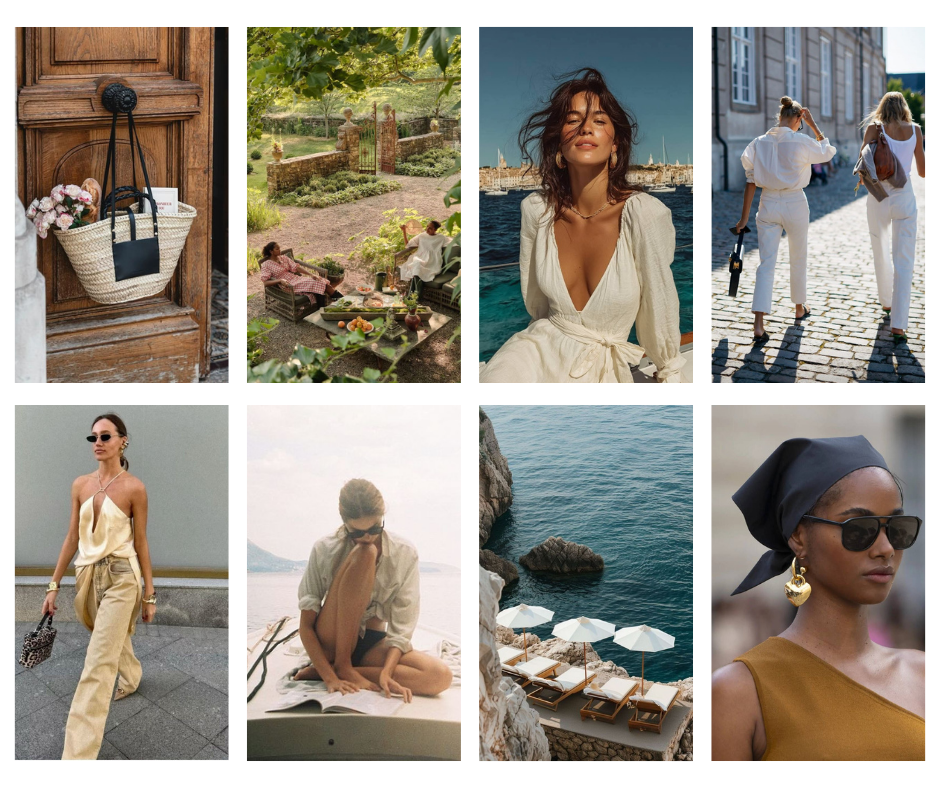 Collage of eight images: a woven bag hanging on a wooden door; a group of people having a picnic in a garden; a woman with wavy hair overlooking water; two women walking on a cobblestone street; a woman wearing sunglasses and a satin top outside; a woman sitting on a beach with sunglasses; beach chairs and umbrellas near rocky coast; woman wearing sunglasses, gold earrings, and headscarf.