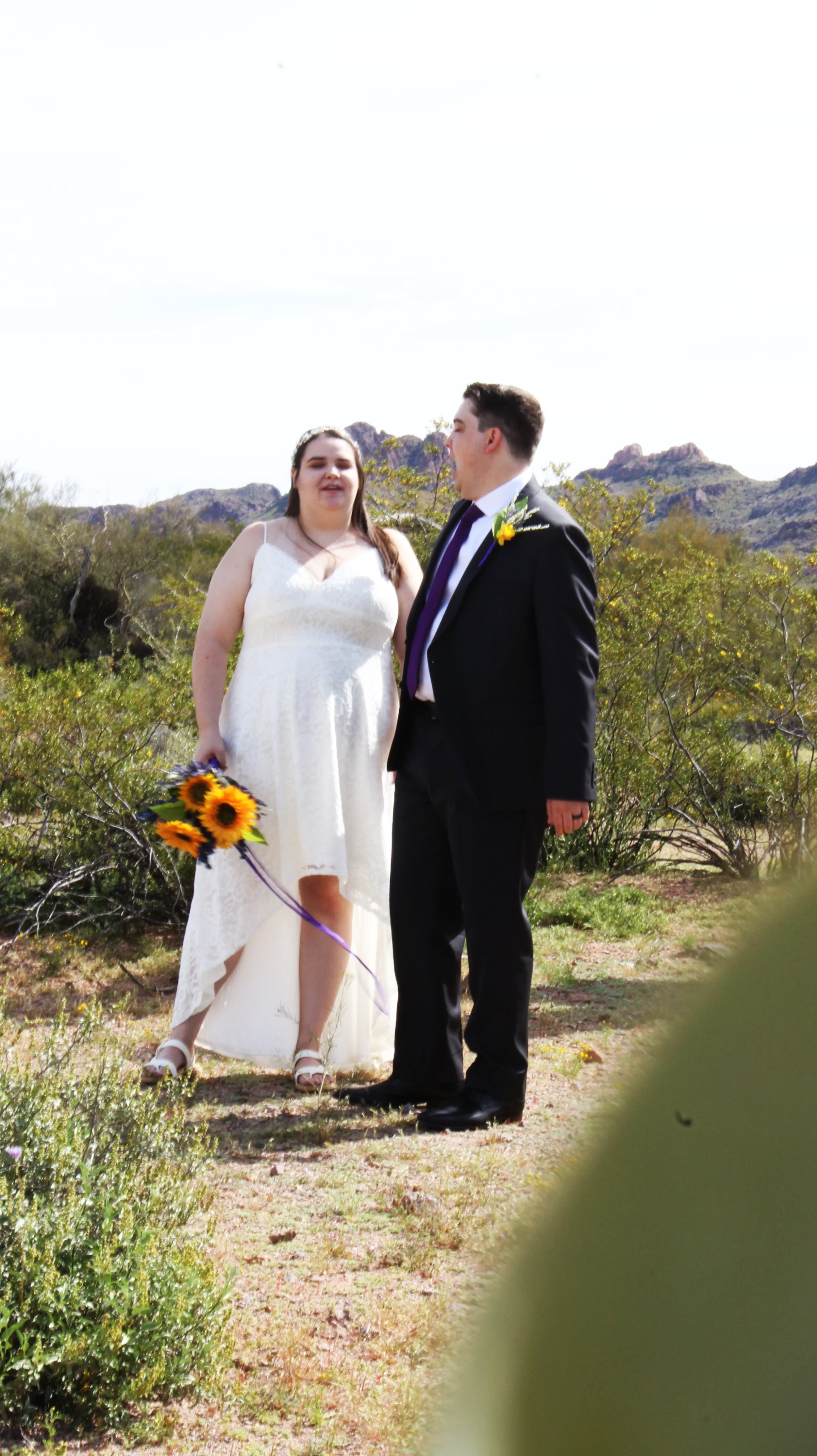 A couple getting married outdoors in a desert landscape, with mountains in the background. The bride holds a bouquet of sunflowers, and the groom wears a black suit with a purple tie and a yellow flower boutonniere.