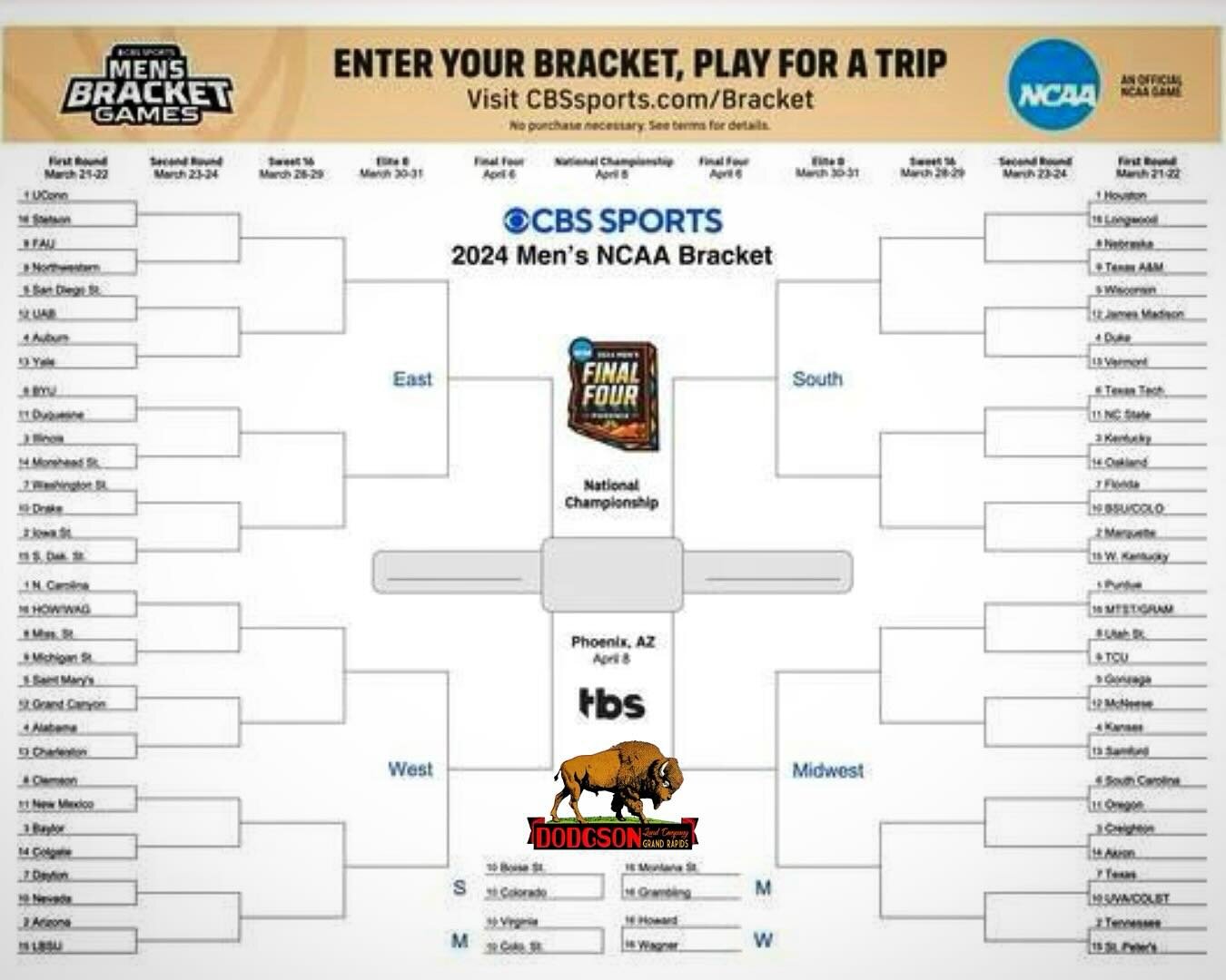 Test your luck 🍀 and skill in the 2024 NCAA Tournament Brackets! 🏀 Only $11 to enter!  Click the link below to fill one out!  Entry fee payable to Kenyon Krause on Venmo or reach out to Kenyon at KenyonKrause@gmail.com

Thank you and good luck! 🏀?