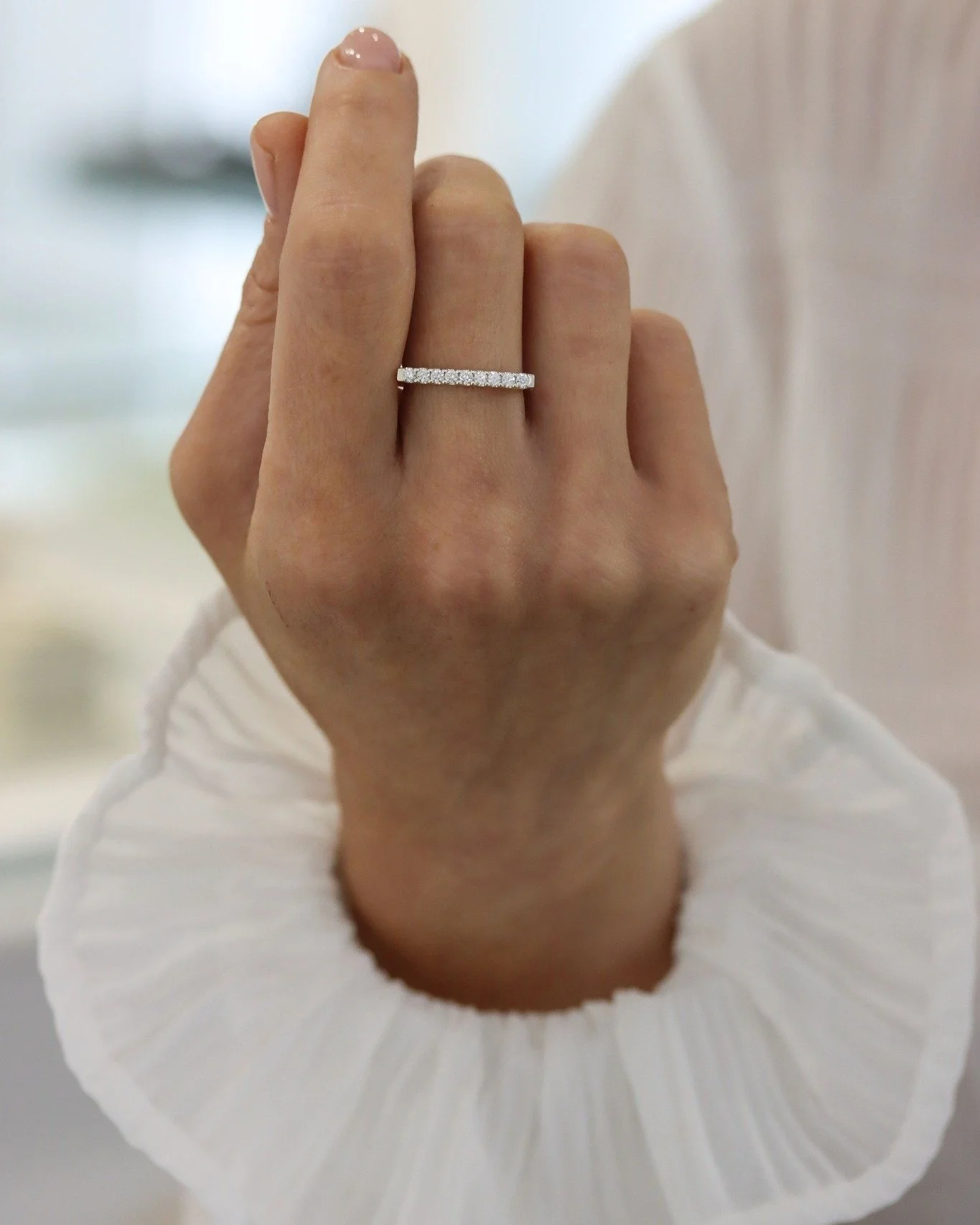 Square top and set with precious stones... modern and a little bit fun! 
These rings can be made in your desired metal and gemstone combination, worn alone, stacked, or even offset next to a round-profile band to have sparkles flashing in every direc