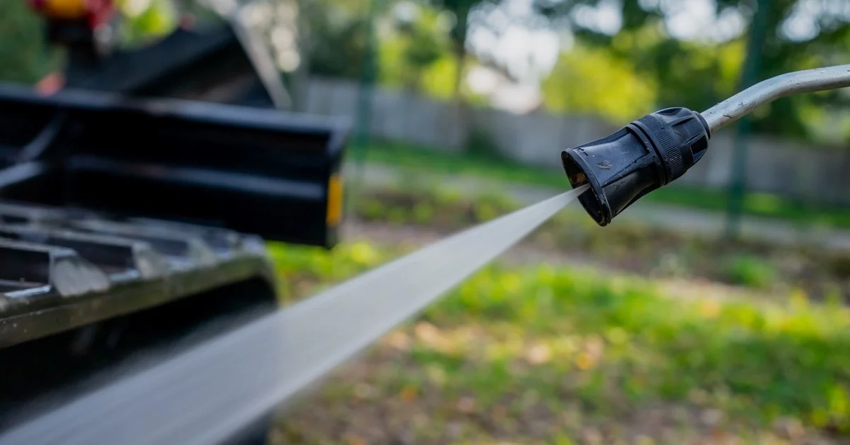A high pressure water nozzle spraying water at a piece of farm equipment. There are a lot of trees in the background.