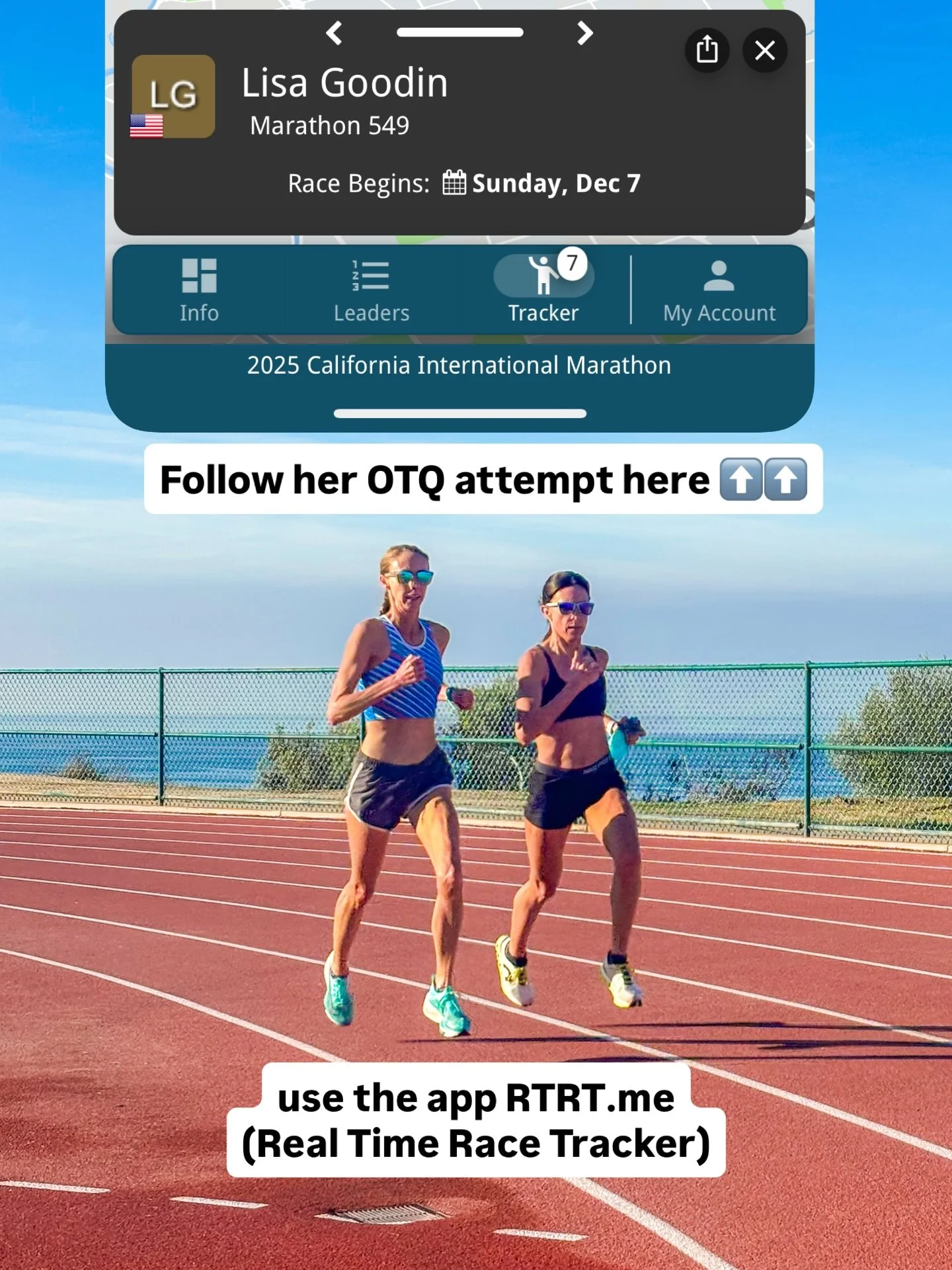 On Sunday at 7:00am PST Lisa will attempt to hit the Olympic Trials Qualifying time of 2:36:59 in her debut marathon at @runcim262. 

For those asking how to follow along, you can use the app Real Time Race Tracker to get live updates! 

#runcim @rtr
