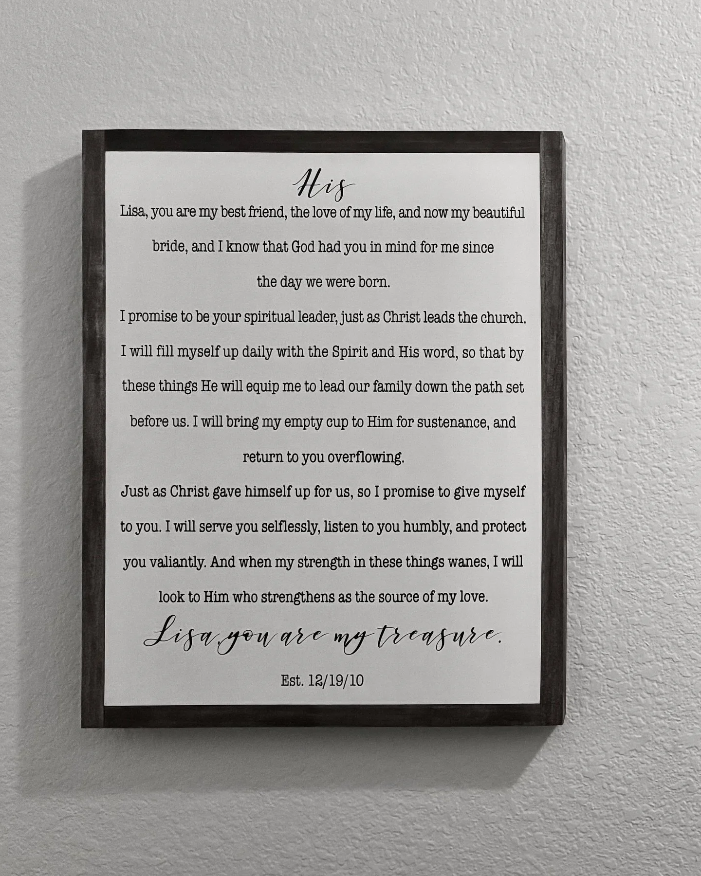 We put these on the wall because we intend to keep them. I still remember scribbling out the final draft of mine on a piece of hotel stationary. 

15 years later, marrying Lisa remains the best decision of my life.

I still don&rsquo;t know what she 