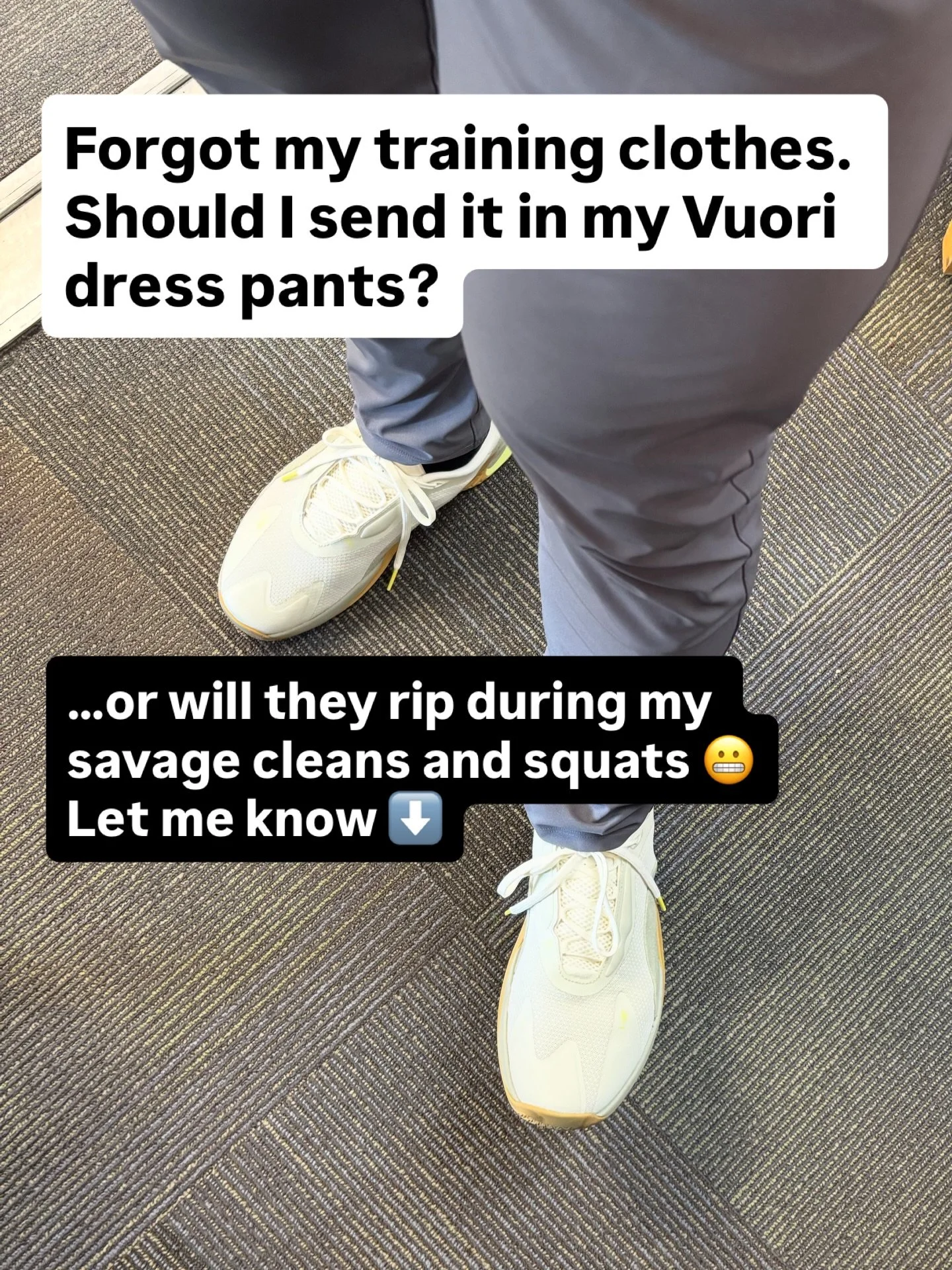 @vuoriclothing I think I&rsquo;ll be gtg but my colleagues are telling me it won&rsquo;t end well. Pls let me know.

I have horizontal jumps, power cleans, back squats, and belt squats on the menu for today.