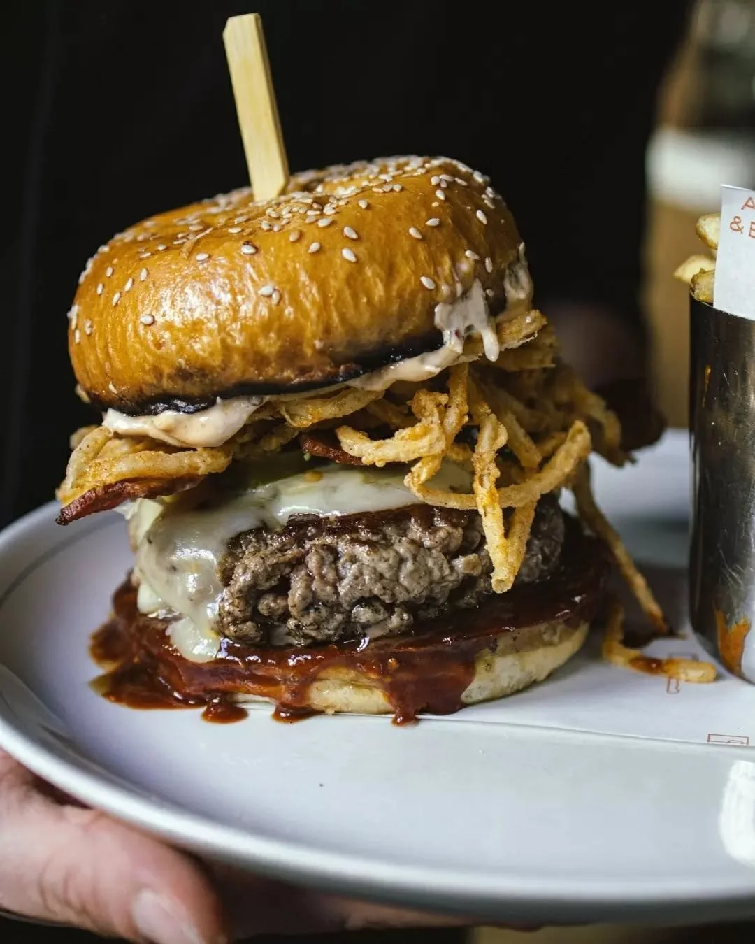 The Cowboy Burger with pepperjack, crispy bacon, tobacco onions, bbq sauce, chilli mayo.

A burger that holds its own on a steakhouse menu.