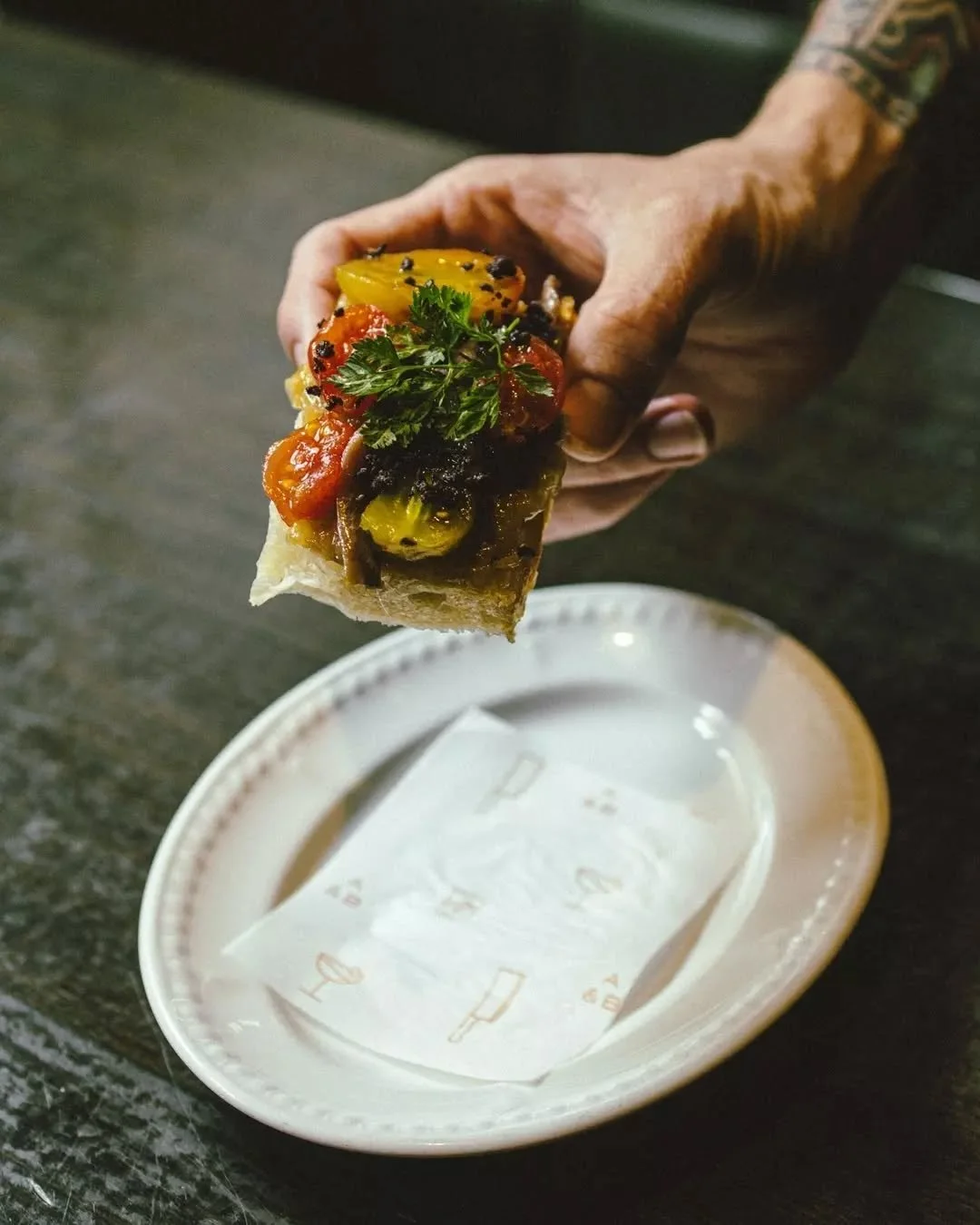 Olasagasti anchovy bruschetta.

House focaccia, caramelised onion, olive, cherry tomato.

While decisions take their time.
