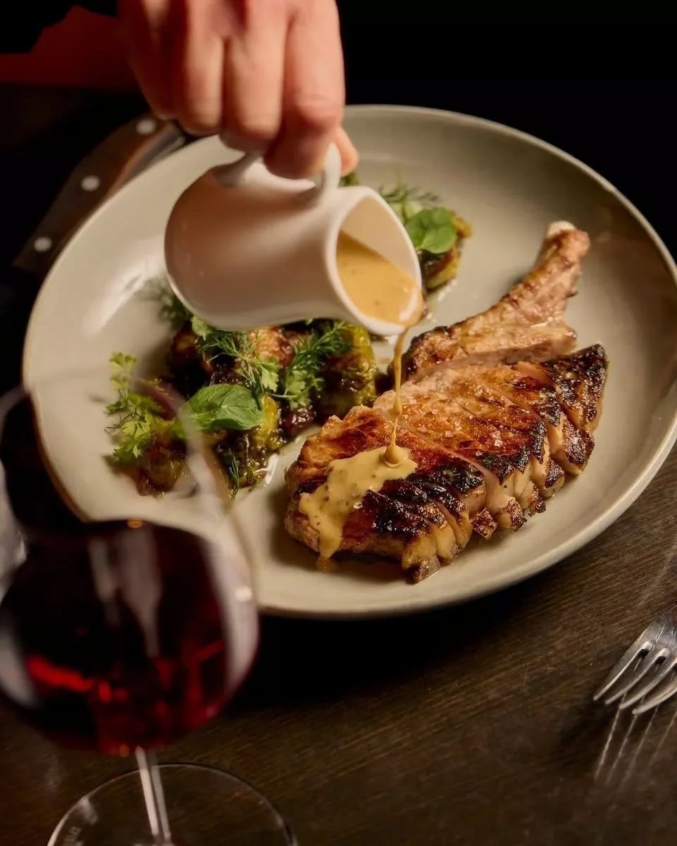 Cooked with intent, our Otway pork rib chop, en route to your table with brussel sprouts, seeded mustard sauce, apple &amp; vincotto.