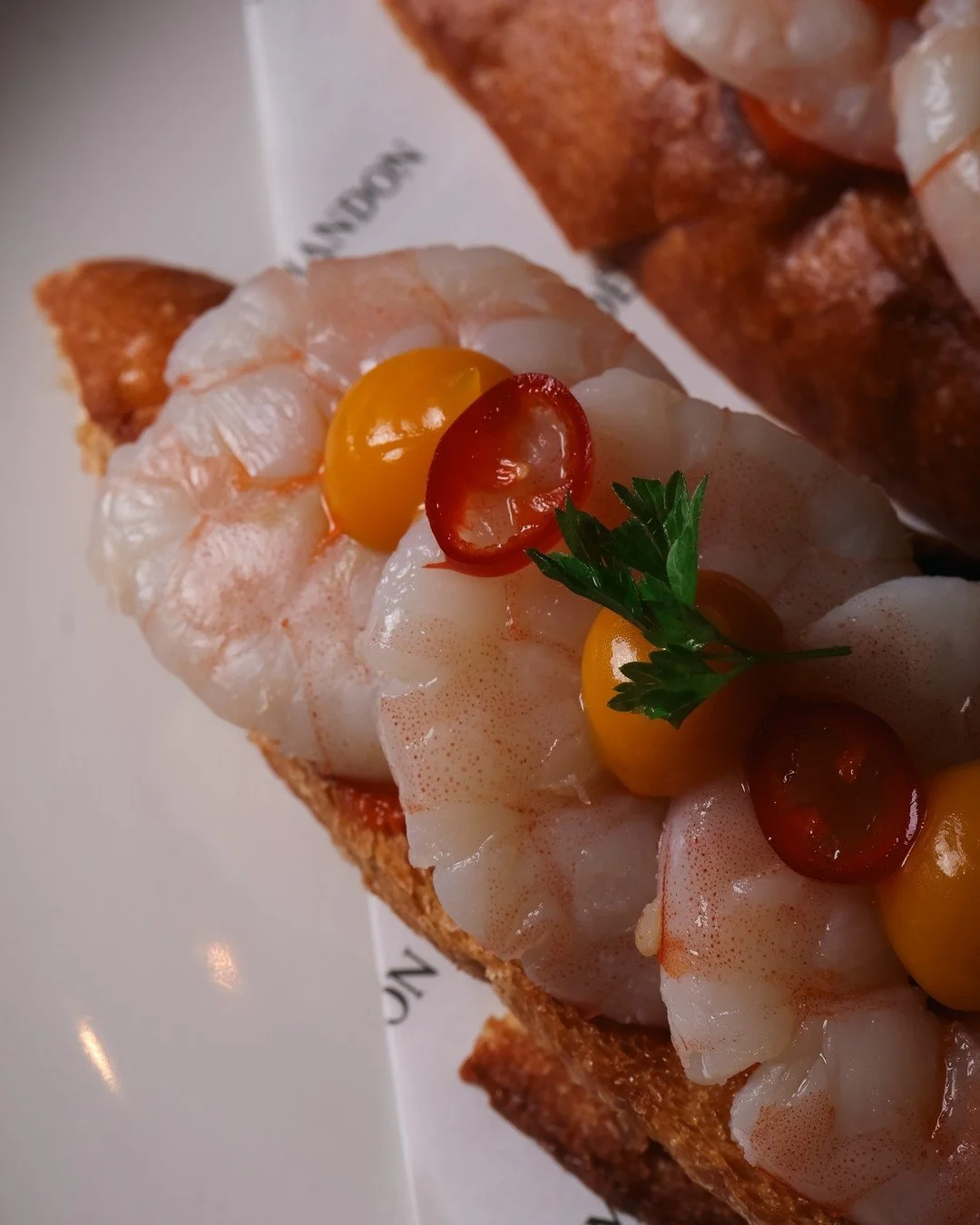 Prawn Bruschetta with mango, capsicum and chilli.

Mo&euml;t &amp; Chandon Imp&eacute;rial Ros&eacute;.

Fresh, fruit-forward, perfect for Spring.
