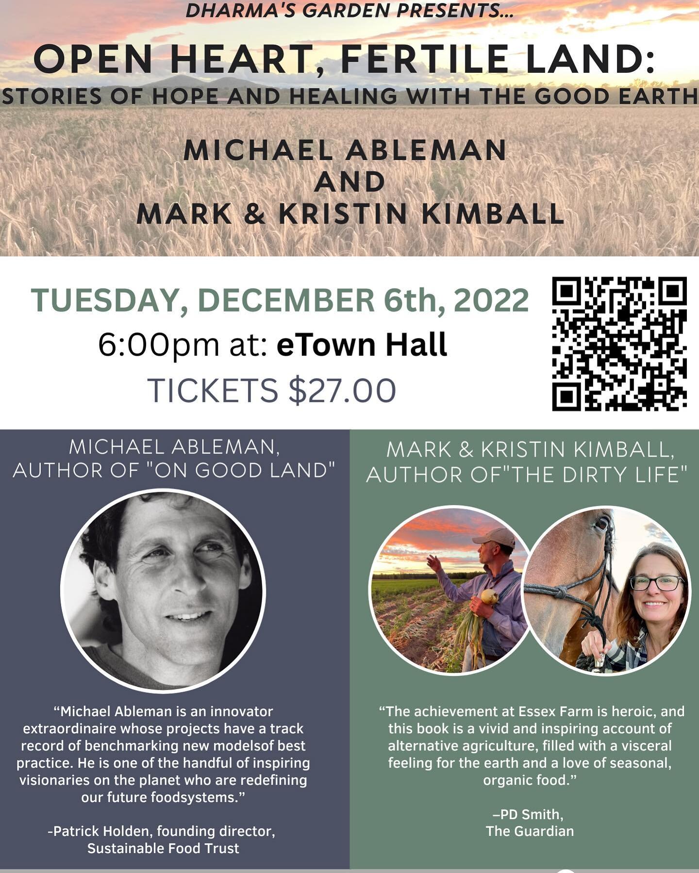 We are OVER THE MOON excited to be bringing you the legendary farmers/authors Michael Ableman and Mark &amp; Kristin Kimball for a very special evening here in Boulder this December! This is a once-in-a-lifetime opportunity to see these superstars of