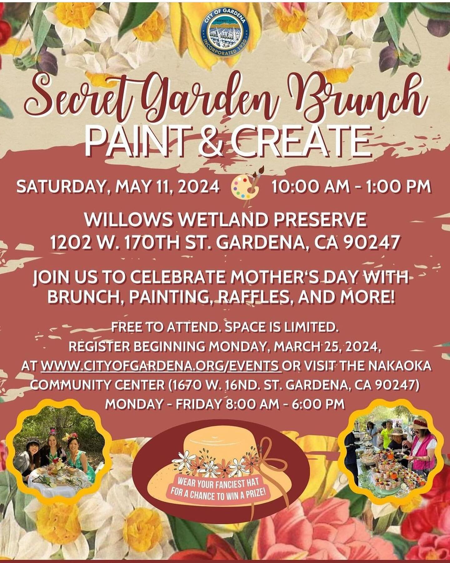 Dust off your hats and join us for tea at the Willows 👒🌿🍵 this year at our Secret Garden Brunch we&rsquo;ll have an paint activity and light refreshments to enjoy with the special women in your lives. Noshing and painting under the majestic oaks ?