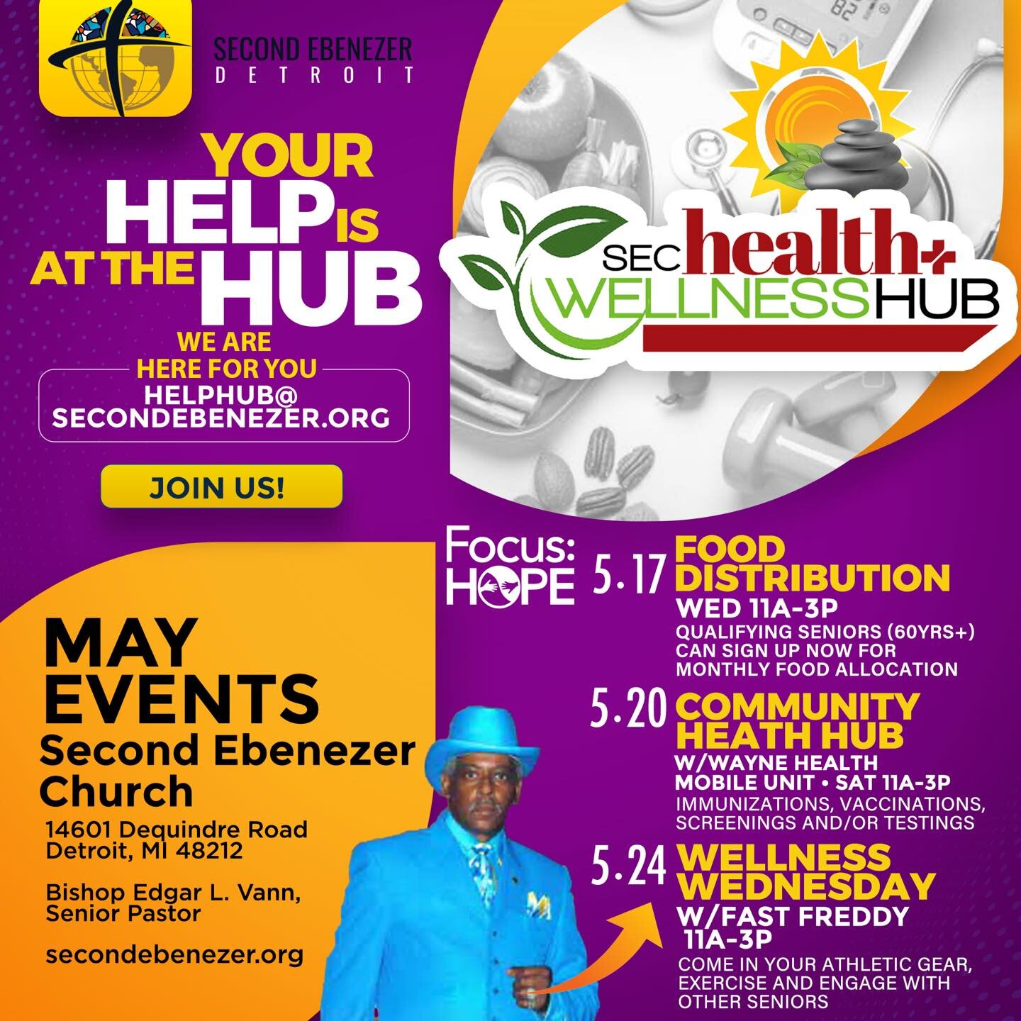 Make sure to save the May dates for the Health and Wellness Hub! At the Hub, you can find the help you need to stay healthy and happy. There will be a food distribution, exercise programs for seniors, and even a health mobile unit. Don't miss out on 