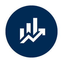 Graph icon with upward trending bars and a rising arrow on a dark blue circular background.