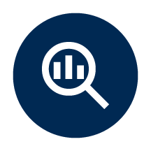Magnifying glass icon over a bar chart on a dark blue background