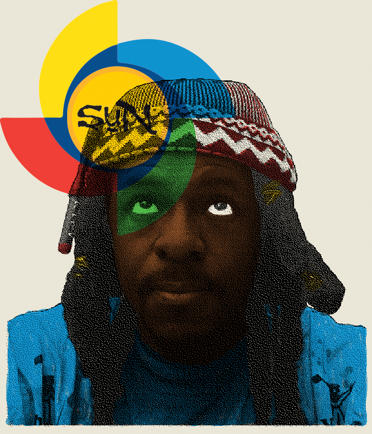 A person with dreadlocks wearing a colorful knit hat and a blue jacket, with a digital overlay of colorful circles and the word 'SANS' in black on a yellow circle.