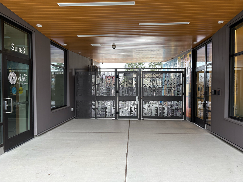 Modern building entrance with black decorative gate, glass doors, and windows, featuring signage for Suite 3 and a business named Aki.