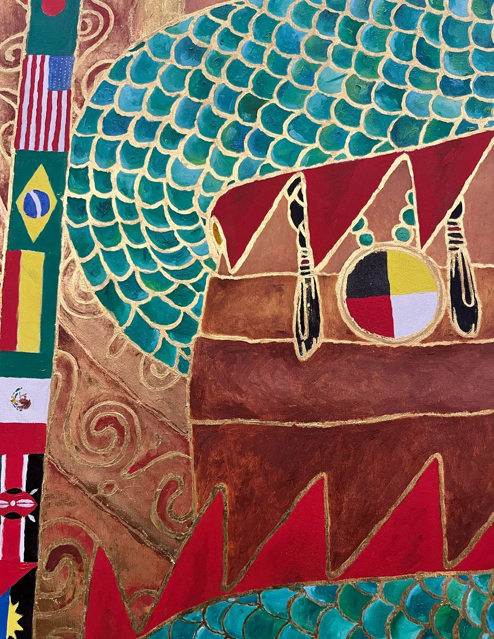 Colorful abstract artwork featuring overlapping shapes, patterns, and flags, including the U.S., Brazil, and Mexico flags, with vibrant green, red, and gold tones.