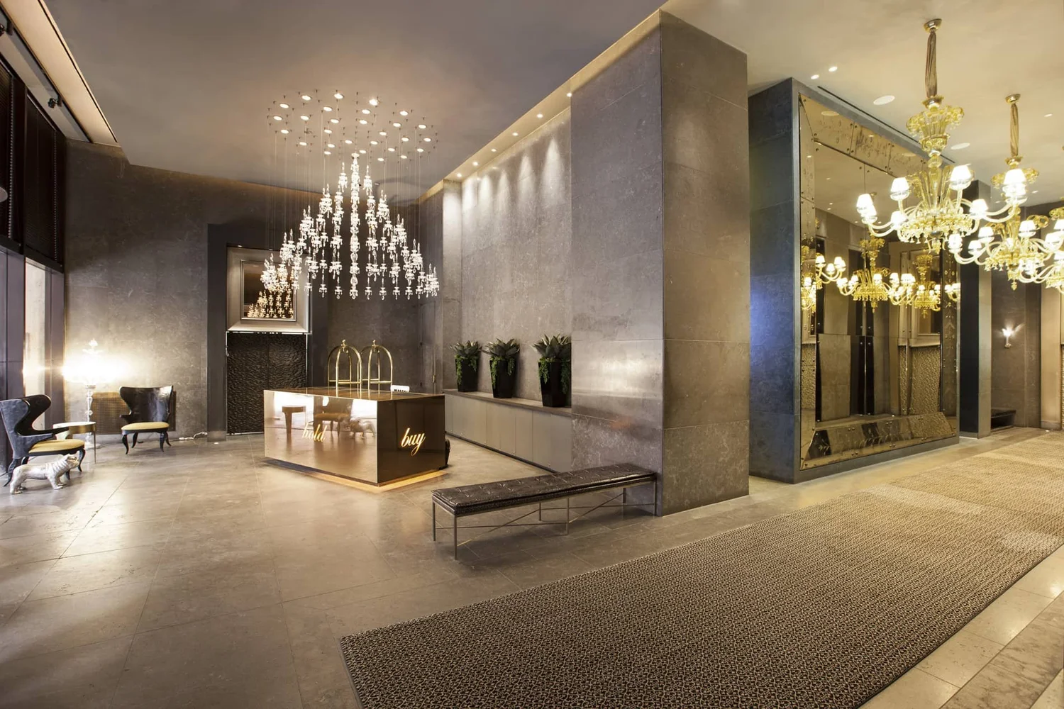 95 Wall Street lobby with chandeliers