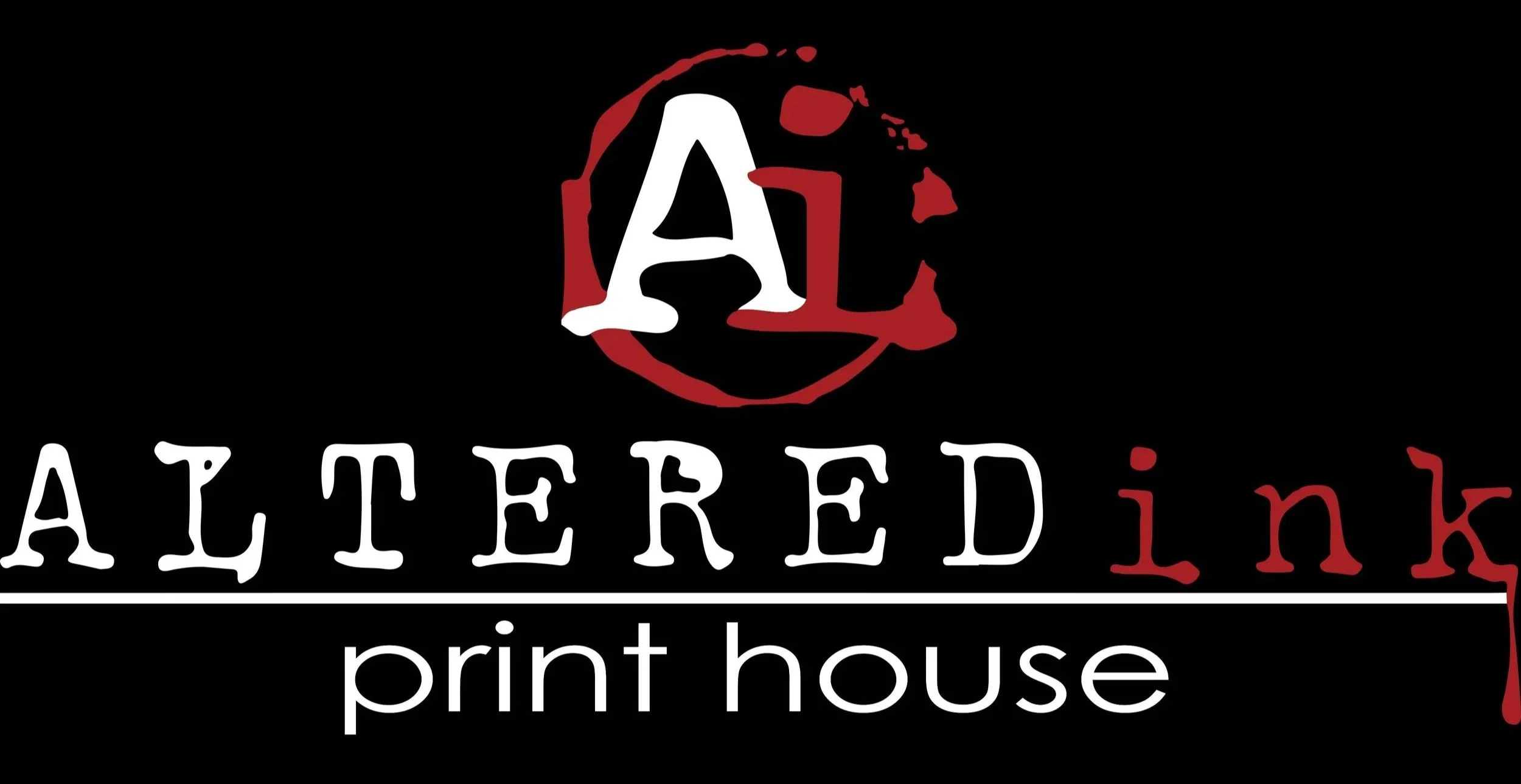 Logo for Altered Ink Print House featuring the initials A I in a black circle with red splatters, the word 'Altered' in white and red letters, and the phrase 'print house' below in white.
