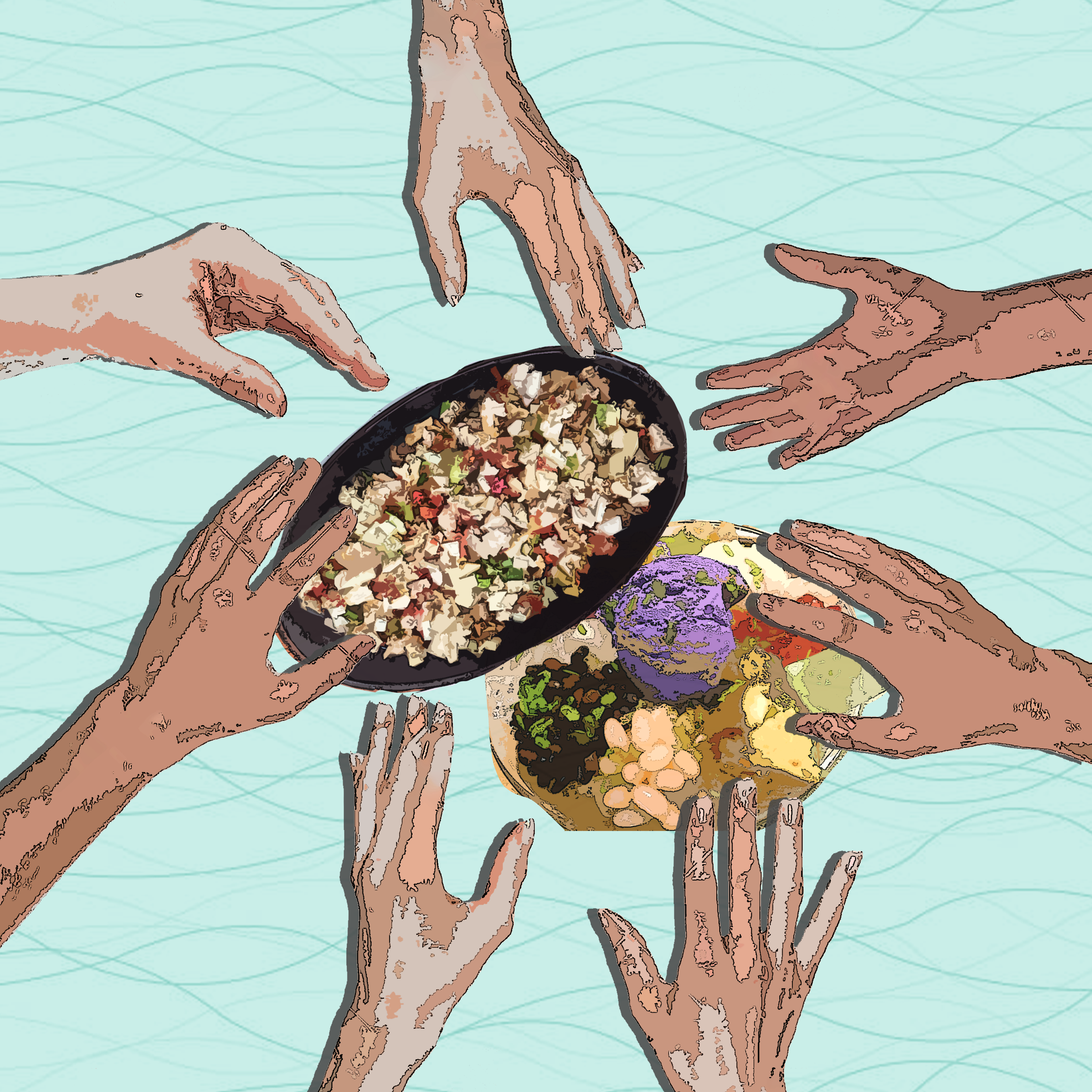 hands reaching in food filipino food