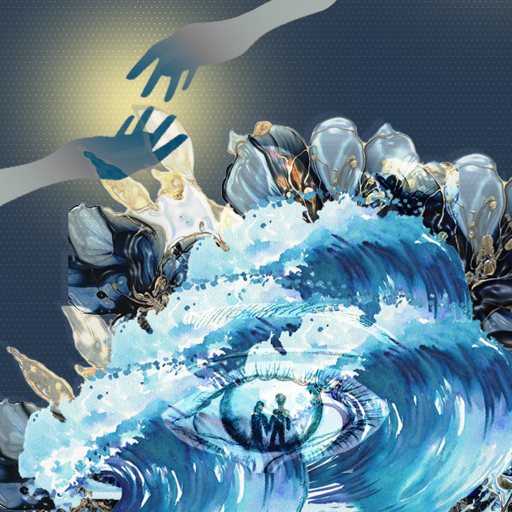 waves with a couple holding hands in the eye of the wave