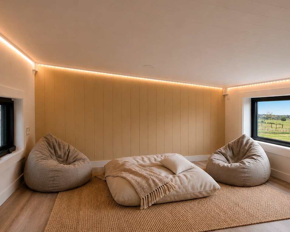 Cozy corner with two bean bag chairs, a large floor pillow with a throw blanket, and a window showing a green landscape outside.