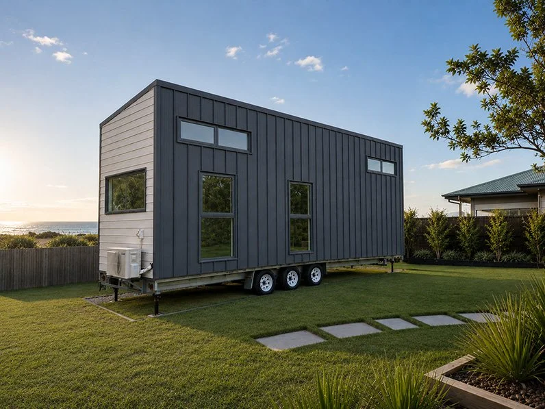 A modern tiny home on wheels with dark gray siding, large windows, and a small air conditioning unit outside, situated on a green lawn in a residential area with trees and a clear sky.