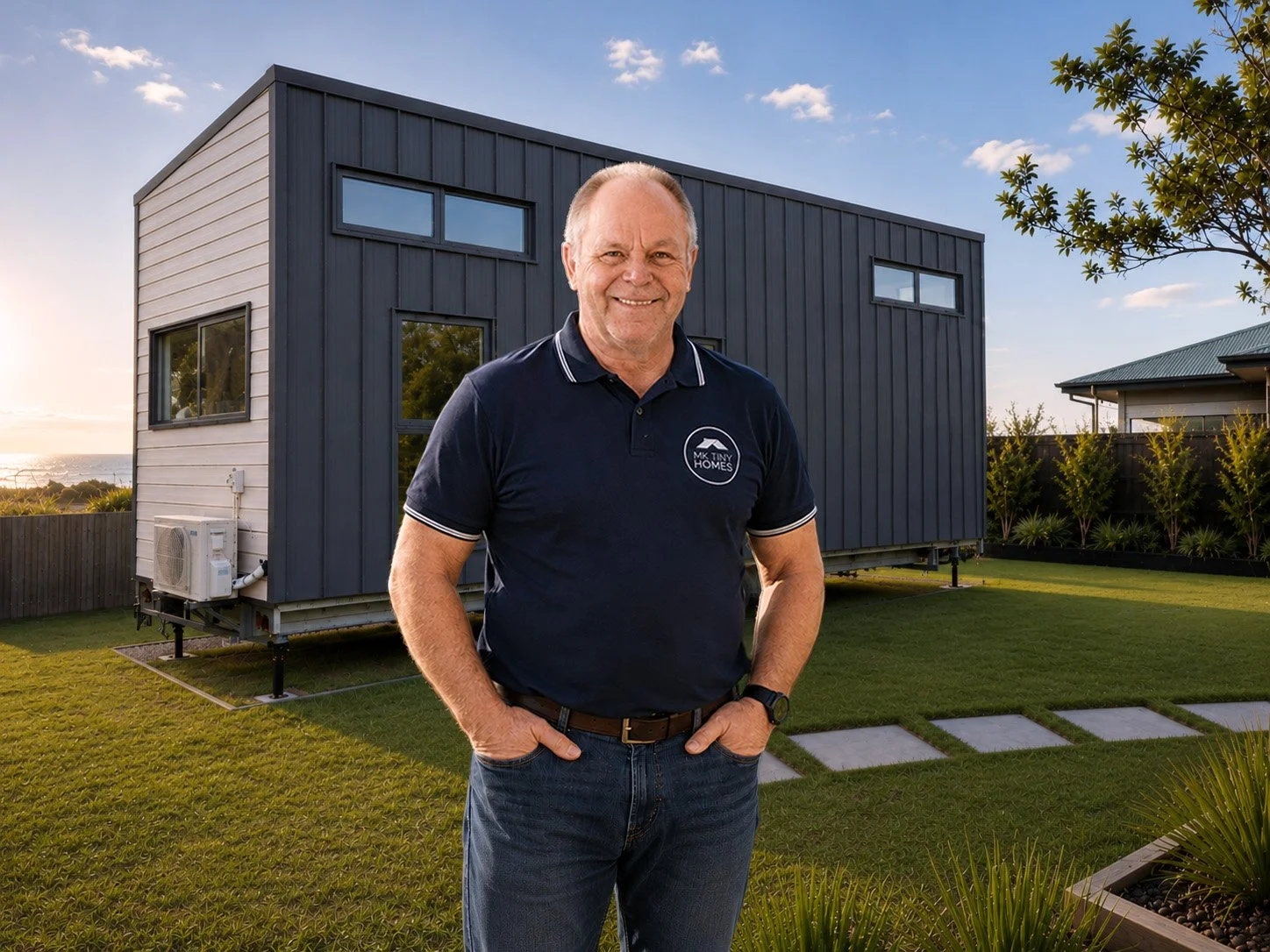 A man standing in front of a tiny home with a modern design, painted dark blue and white, on a well-manicured lawn during sunset.