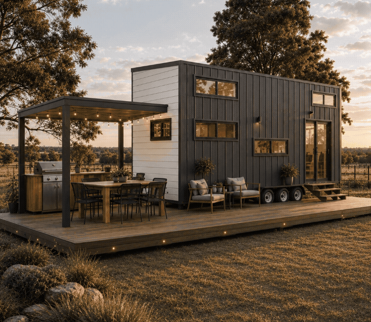 Modern tiny house on wheels with a wooden deck, outdoor seating, and a barbecue grill, set in a countryside landscape during sunset.