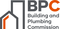 Logo for the Building and Plumbing Commission with the initials 'BP C' in black and orange, and the full name written underneath.