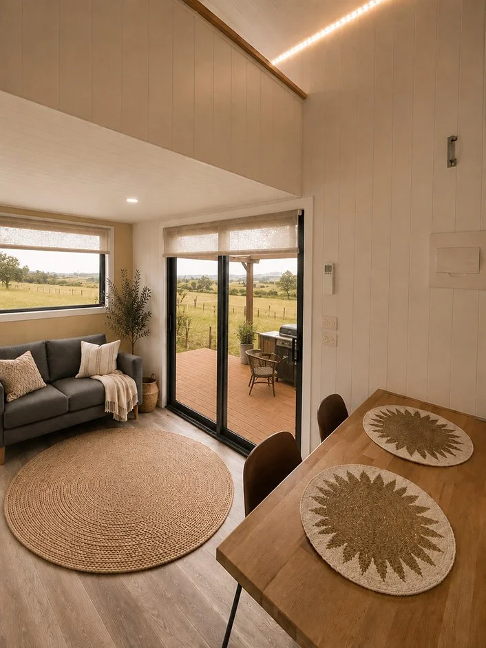Living room with a gray sofa, round woven rug, and sliding glass door leading to a wooden deck with outdoor furniture, overlooking a green field.