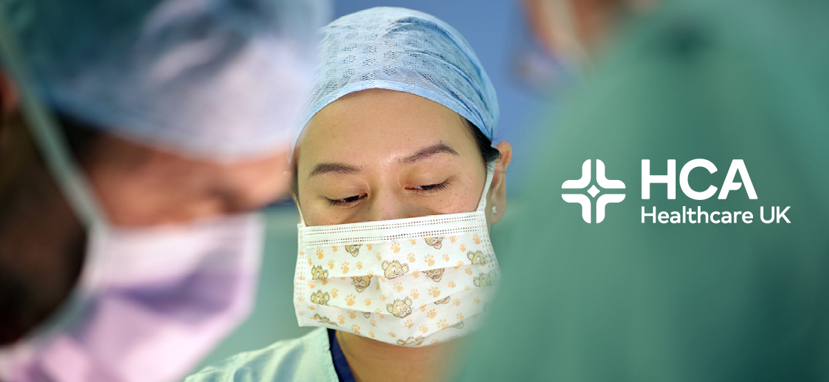 HCA Healthcare UK white logo alongside a photograph of medical professionals wearing surgical caps and masks.