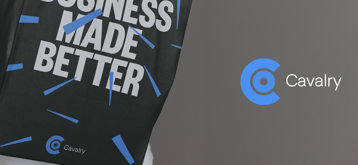 Cavalry brand identity featuring a blue circular logo and a black tote bag with the words “Business made better”.