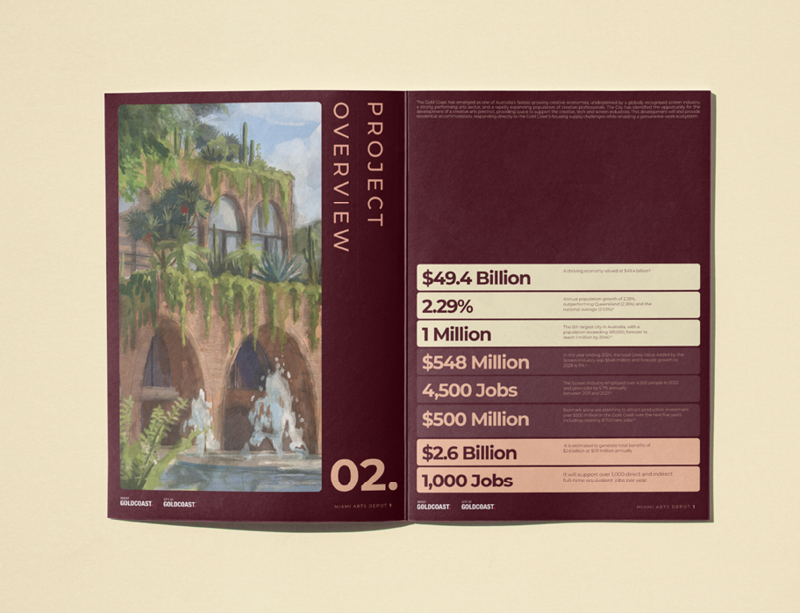 Open report spread featuring an architectural illustration, burgundy page backgrounds and a table of project statistics.