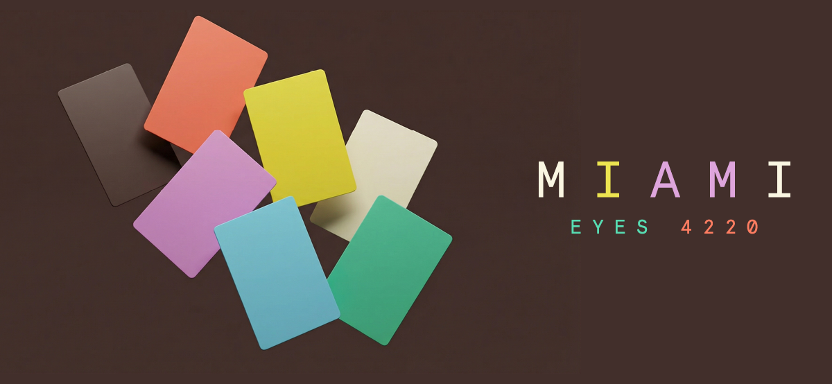 Miami Eyes 4220 brand identity featuring a multicoloured wordmark and overlapping pastel colour cards against a dark brown background.