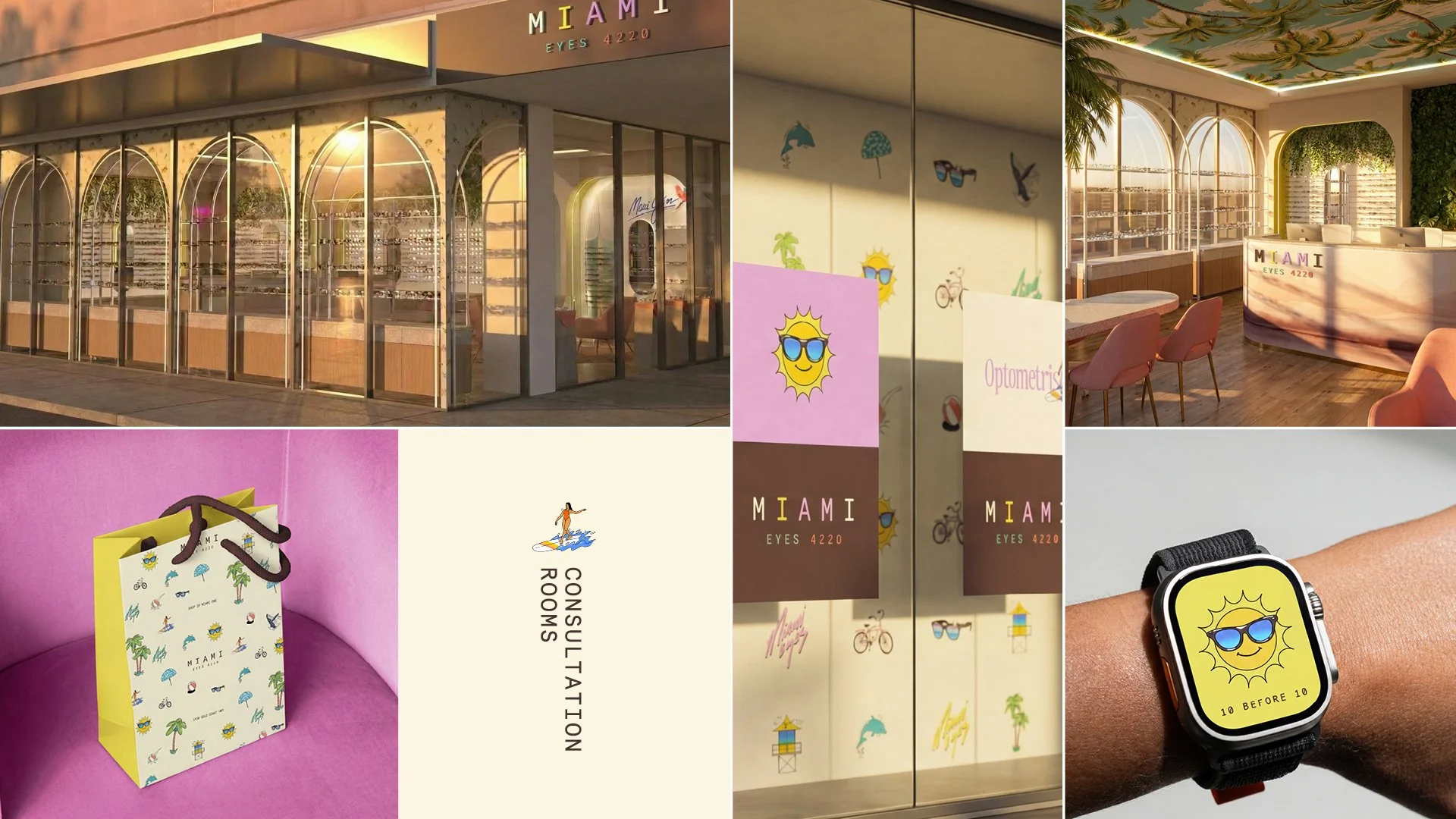 Collage of images showing an optometry store with large glass windows, pink chairs inside, colorful traveling bag with sunglasses and sun designs, a smartwatch displaying a sun with sunglasses and the words "10 BEFORE 10", and promotional materials with tropical themes and the store's name 'MIAMI EYES 4220'.
