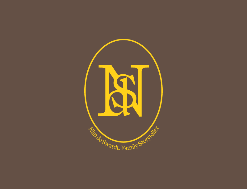Nim de Swardt brand identity featuring an interlocking yellow monogram inside an oval on a brown background.