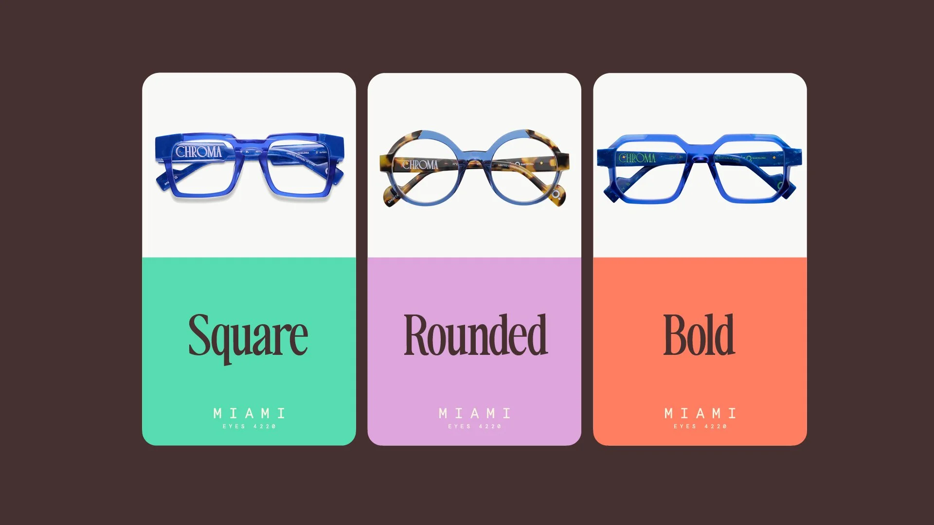 Three pairs of colorful eyeglasses labeled with different frame styles: square, rounded, and bold, displayed above corresponding colorfully labeled cards.
