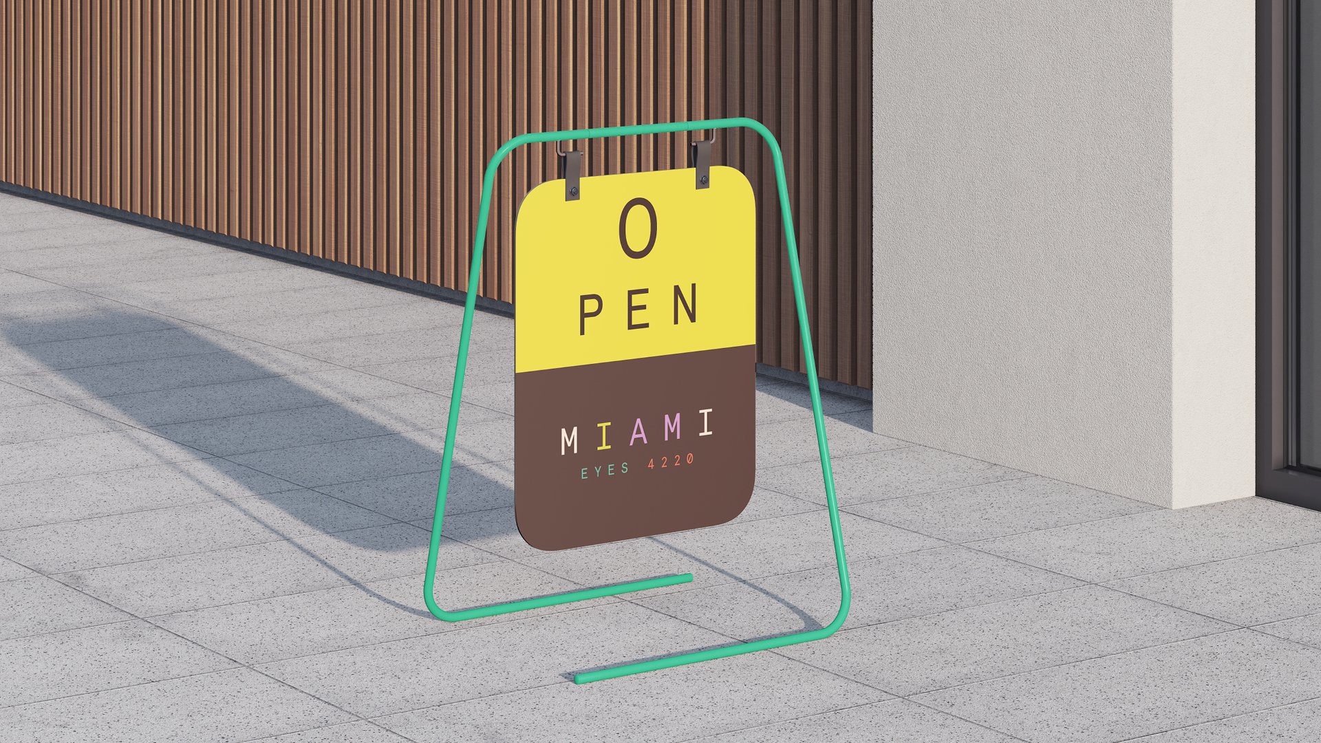 A sidewalk sign with a yellow and brown background that reads 'OPEN' on the top, with the word 'MIAMI' below, styled with colorful letters, and the phrase 'EYES 4220'.