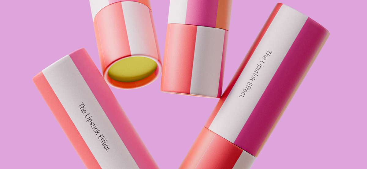 The Lipstick Effect packaging design featuring pink, coral and white cylindrical containers against a pink background.