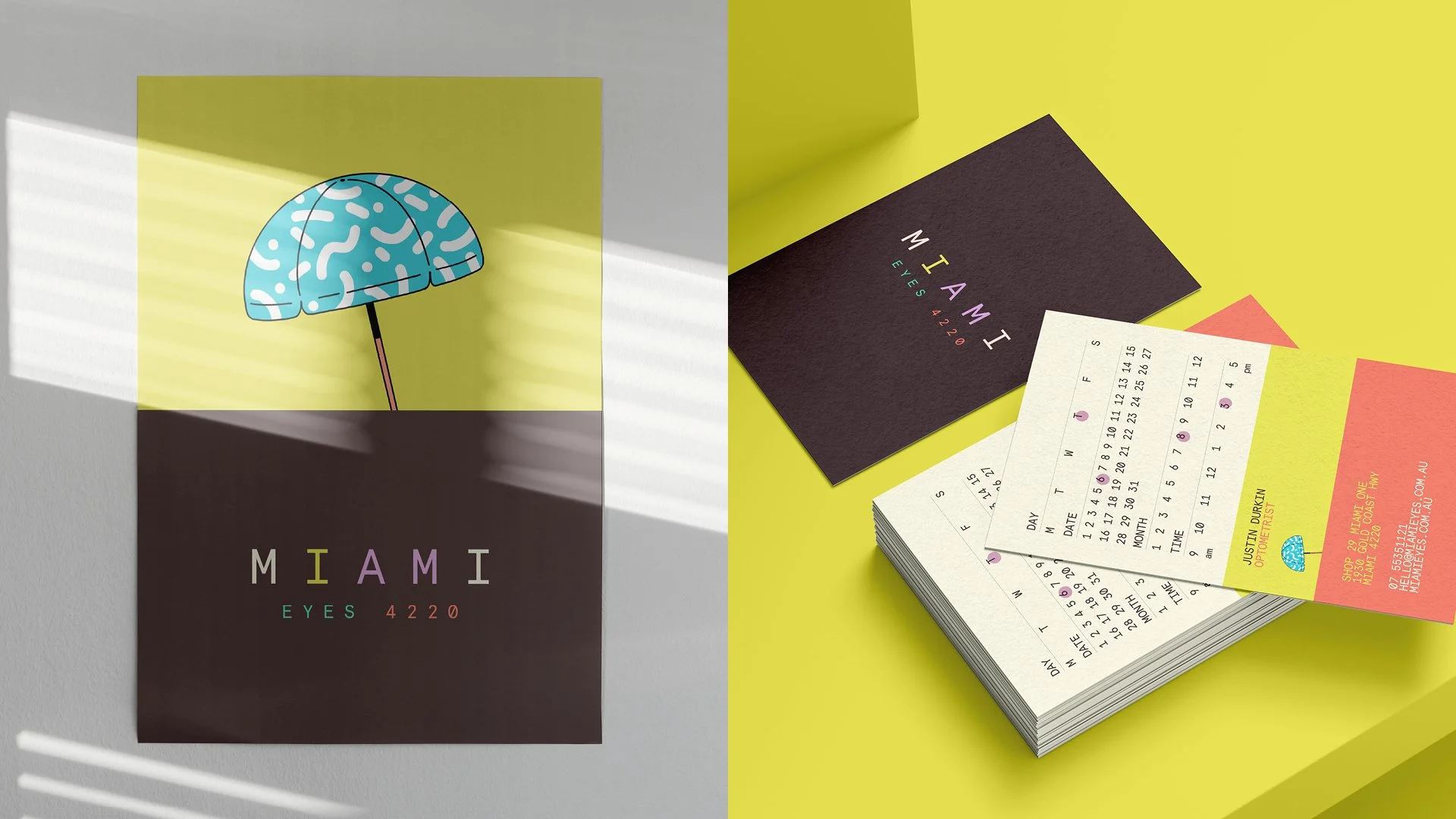 Colorful promotional materials for Miami Eyes 4220, including a poster with a blue umbrella illustration, a black card with multicolored text, a white calendar, and a business card on a split yellow and white background.