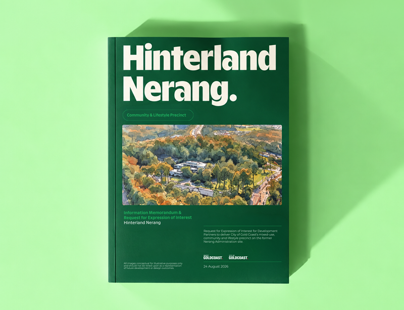 Hinterland Nerang report cover featuring bold cream typography and an aerial landscape photograph, displayed against a bright green background.