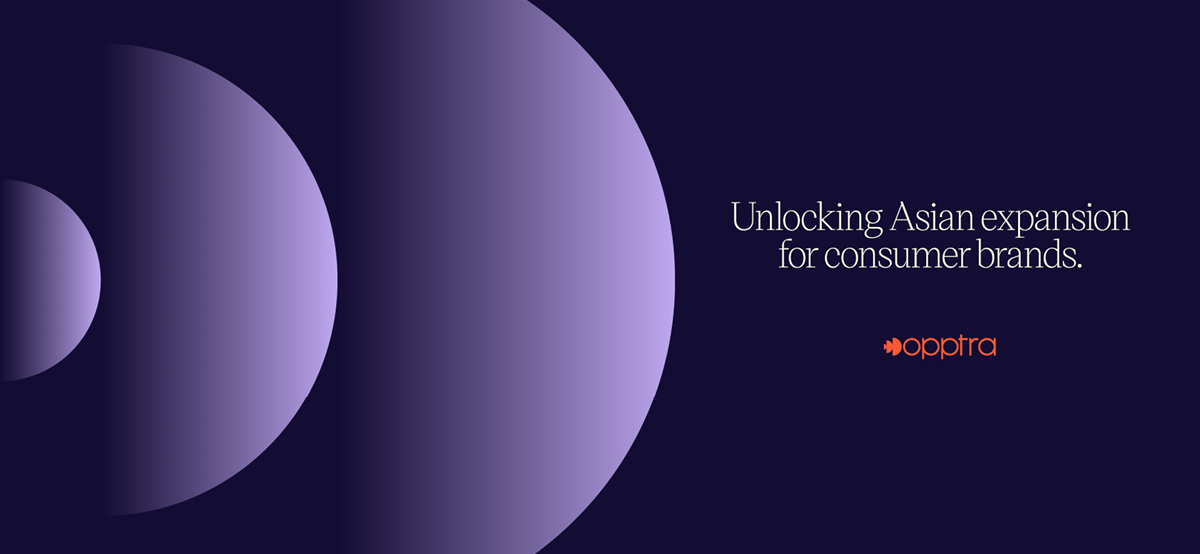 Opptra brand identity featuring purple circular graphics, an orange wordmark and the message “Unlocking Asian expansion for consumer brands”.