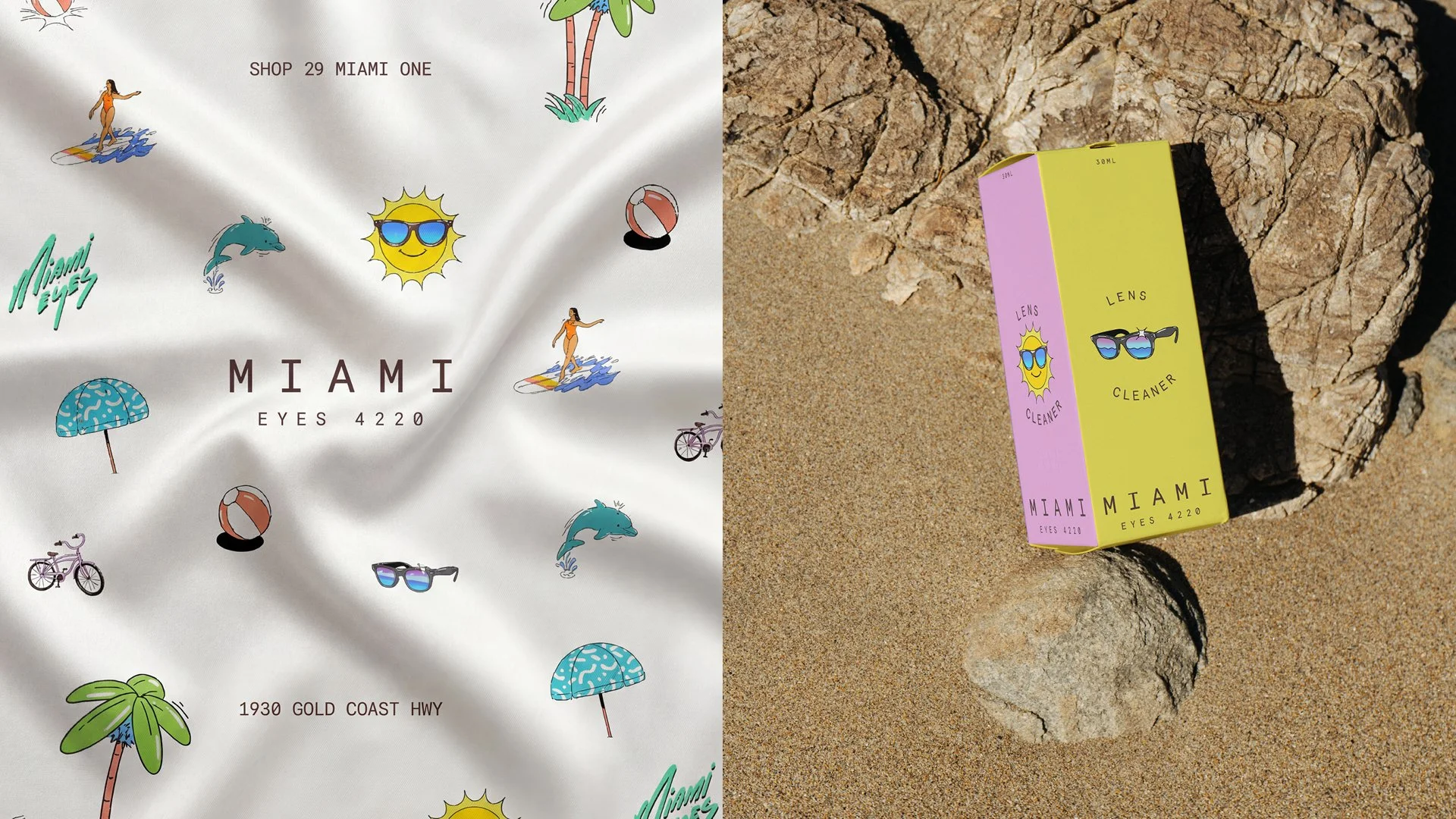 A white fabric with colorful Miami-themed illustrations, including a woman surfing, dolphins, umbrellas, palm trees, and bicycles, with text reading "SHOP 29 MIAMI ONE" and "MIAMI EYES 4220." Next to the fabric, a box of sunglasses labeled "LENS CARRIER" and "MIAMI EYES 4220" is placed on sandy ground near a rock.