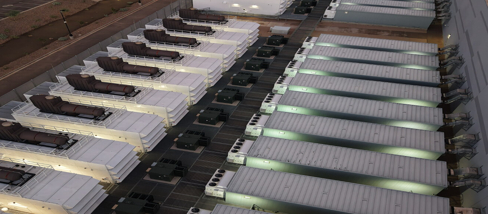 Large data center facility with rows of modern backup generators
