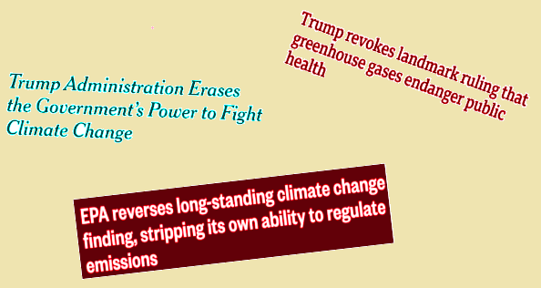 Image with three headlines about EPA revoking the long-standing endangerment finding