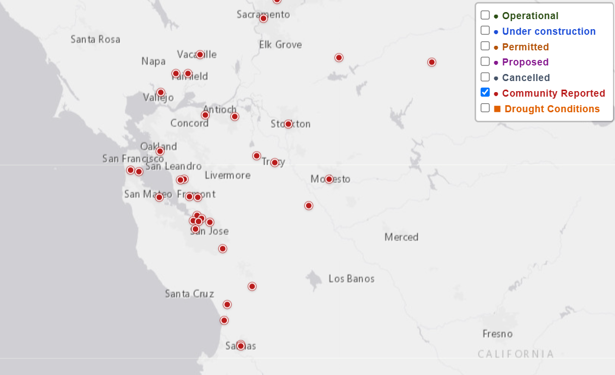 Red pins on a map of the SF Bay-Delta region show locations targeted for possible data center development, as reported by community sources.