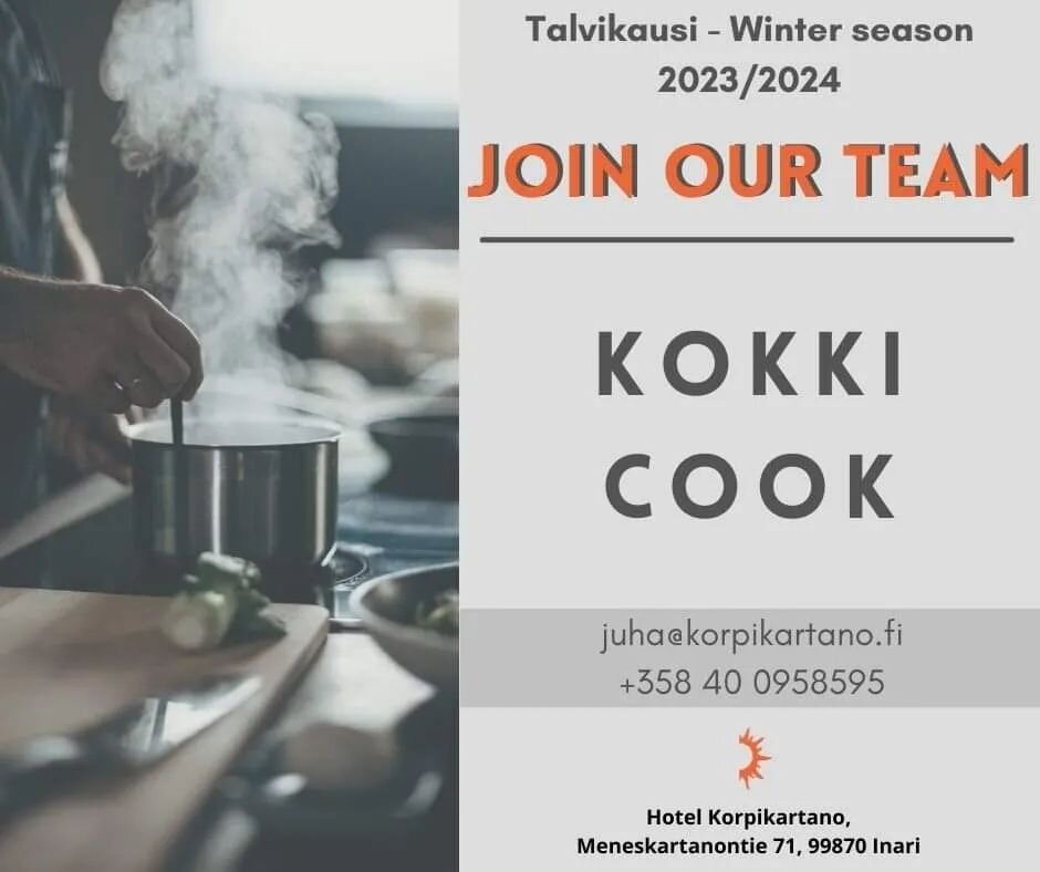 [JOB OFFER] 👨&zwj;🍳👩&zwj;🍳
Hotelli Korpikartano etsii kokkia tulevalle talvikaudelle 2023-2024,
📆 ty&ouml;n kesto joulukuusta maaliskuun loppuun, mahdollisuus my&ouml;s jatkoon.
❄️ Jos olet motivoitunut ja haluat liitty&auml; meid&auml;n tiimiin