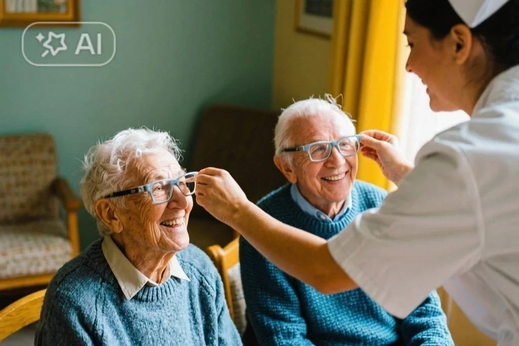 A healthcare worker helping two elderly women try on glasses in a room with yellow curtains.